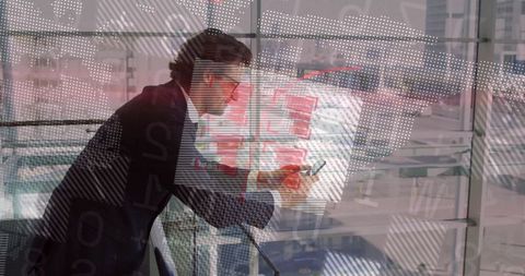 Businessman Utilizing Technology at Airport with Data Projections