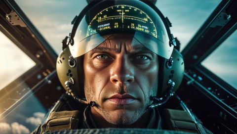 Pilot in f16 jet cockpit with advanced hud technology