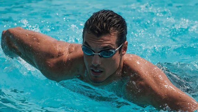 Muscular male swimmer powering through lap in sunlit outdoor pool wearing goggles