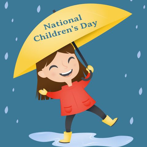 cheerful girl celebrating national children's day in the rain - Download Free Stock Templates Pikwizard.com