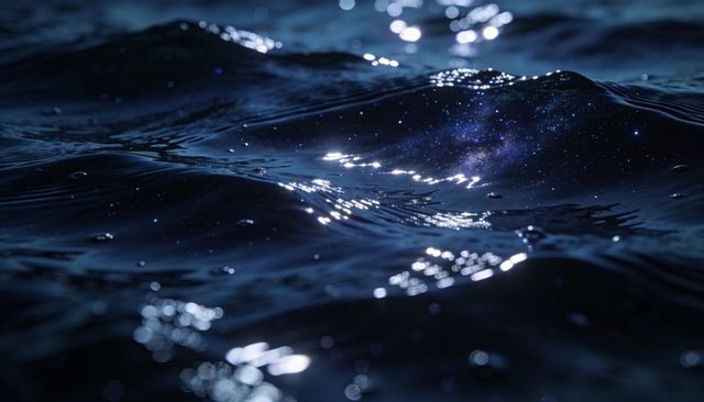 Midnight ocean surface with milky way reflections, silvery wave glints, moody bokeh
