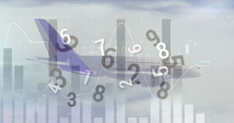 Commercial Jet and Digital Charts in Cloudy Sky Illustrating Data Analytics
