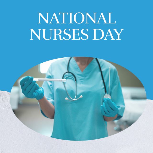 Image features a caucasian nurse wearing medical gloves and holding a swab, with a stethoscope around her neck. Ideal for use in healthcare appreciation campaigns, National Nurses Day promotions, and educational materials highlighting the dedication and contributions of healthcare professionals.