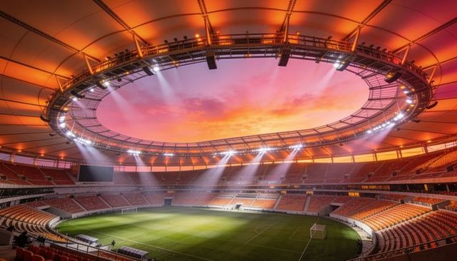 Sunset-lit modern football stadium with oval roof lights and dramatic field spotlights