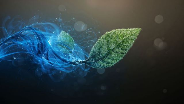 Glowing green leaf meeting electric-blue energy ribbon with particle sparks, eco tech