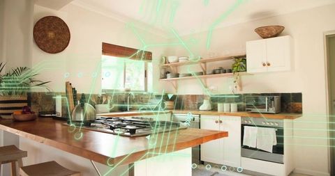 Sunlit modern farmhouse kitchen island with wooden countertop and neon holographic overlay
