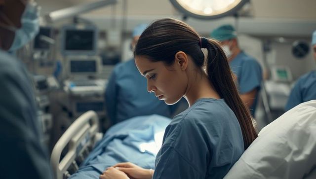 Nurse with surgical scrubs in operating theater under overhead light