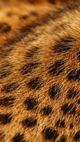 Vertical macro video showing shifting leopard fur, glinting guard hairs and rich pelage