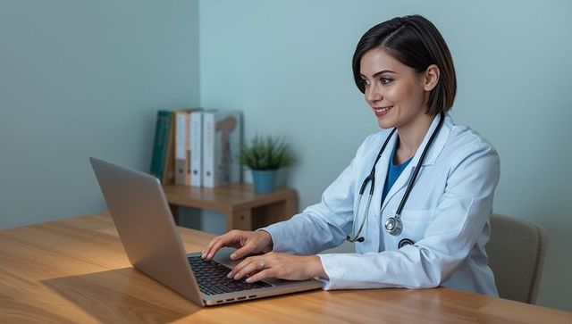 Female doctor focused on laptop in modern medical clinic