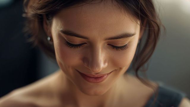 Serene woman looking down smiling gentle expression closeup portrait with pearl earring