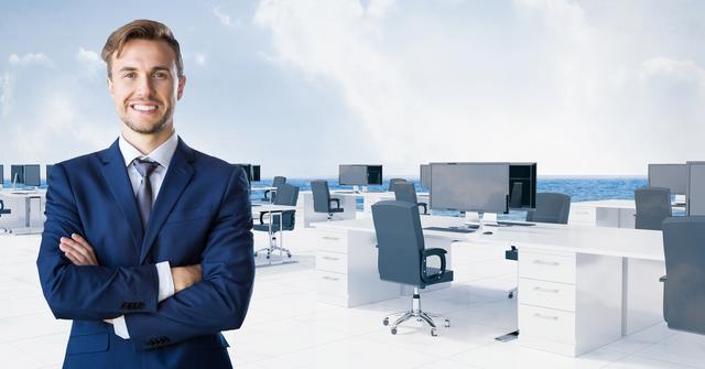 Digital composition of businessman standing with arms crossed against office background