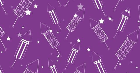 Festive Rockets and Stars Pattern on Purple Background
