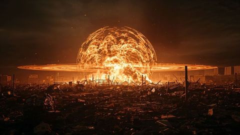 Apocalyptic fiery sphere engulfs industrial airstrikes yard at night