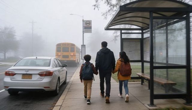 Father walking with two children toward yellow school bus on foggy suburban sidewalk
