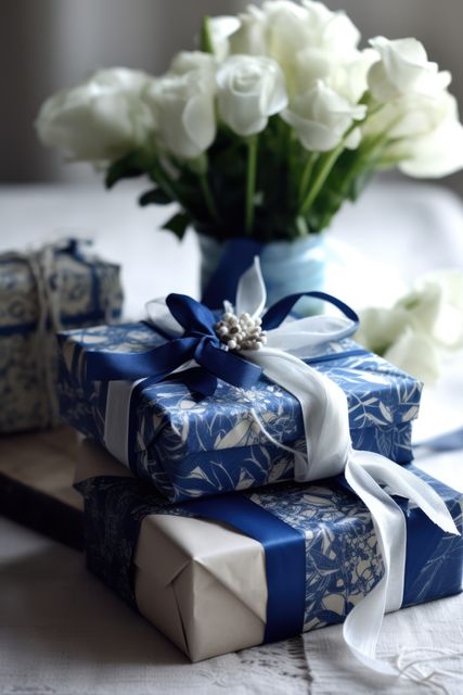 Close up of white and blue gifts with ribbon and flowers, created using generative ai technology. Gift, present, giving and celebration concept digitally generated image.