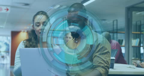 Diverse Colleagues Collaborating with Futuristic Holographic Display