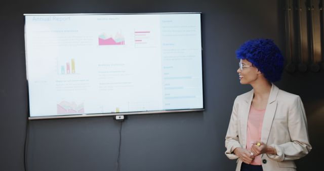 Businesswoman with a blue wig confidently presenting an annual report displayed on a screen. The screen shows various charts and graphs, indicating data analysis. Ideal for use in content focused on business presentations, corporate meetings, data-driven decision making, or quirky office culture.