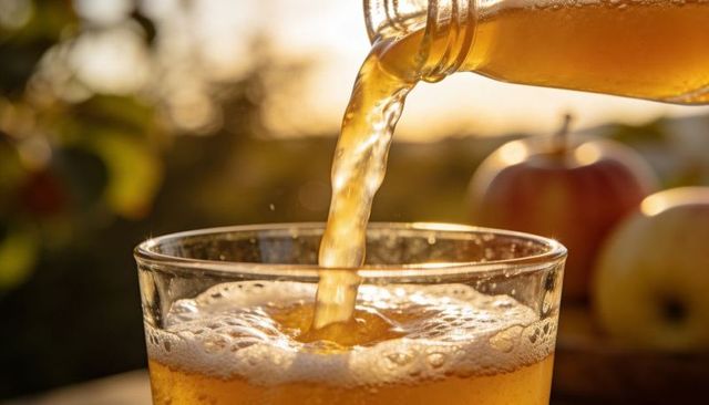 Pouring golden apple cider into glass with foam and sunlit orchard background