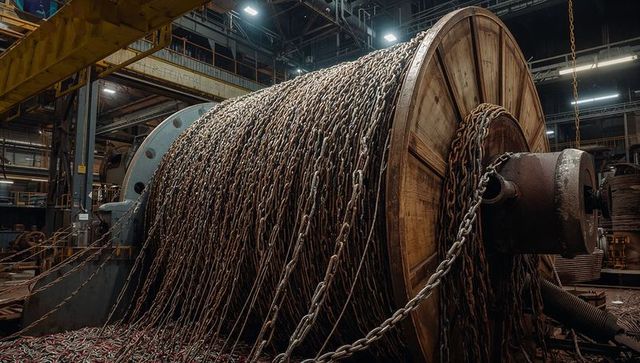 Spooling massive wooden cable drum wrapping heavy steel chains in industrial workshop