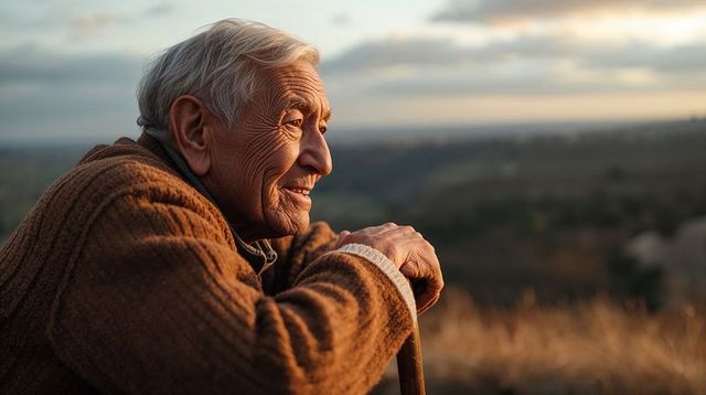 Elderly man reflecting at sunset on hilltop leaning on wooden cane serene outdoor portrait
