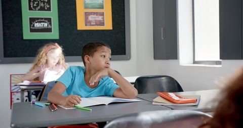 frustrated student with homework in classroom setting - Download Free Stock Images Pikwizard.com