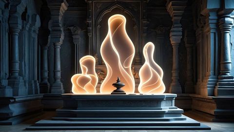 Ethereal glowing sculptures in mystical temple environment