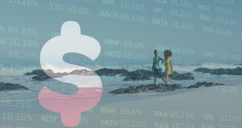 Financial Data Overlay with Beach Couple Discussing Finance