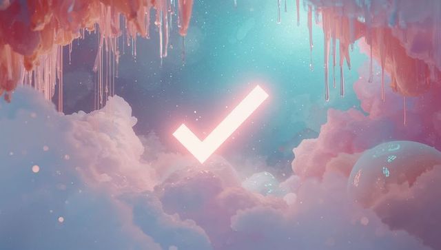 Glowing Check Mark in Surreal Pastel Sky