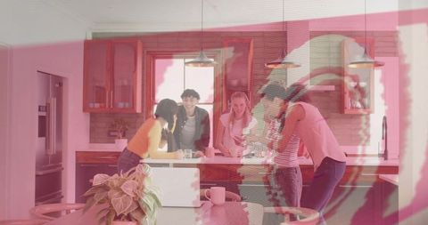 Young adults chatting around kitchen island with pink face overlay and warm modern interior