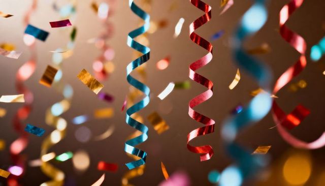 Colorful metallic streamers and confetti with warm bokeh celebratory backdrop, festive vibes