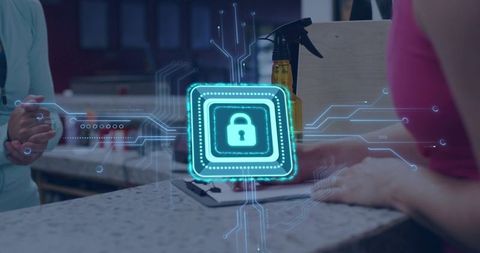 Contactless Payment Security Showing Holographic Padlock Over Service Counter Transaction