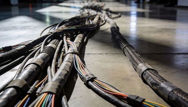 Heavy-duty cable bundles running on concrete floor with braided sleeves and harness clamps