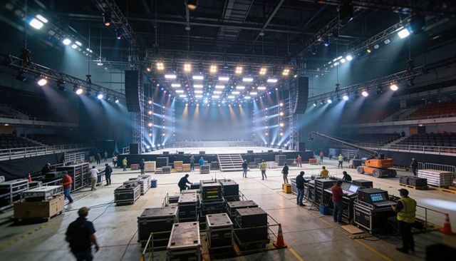Preparing Main Stage With Professional Lighting Rig and Crew During Arena Setup