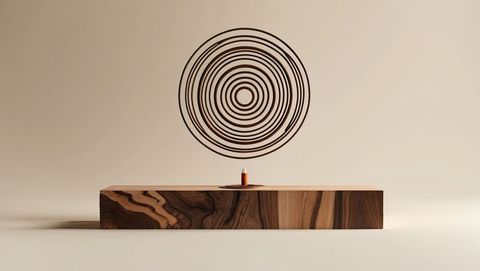 Minimalist concentric circle sculpture on sandalwood platform with candle