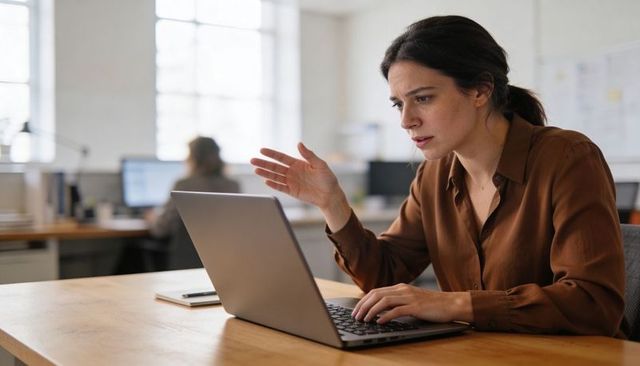 Frustrated businesswoman gesturing at laptop during tense coworking meeting