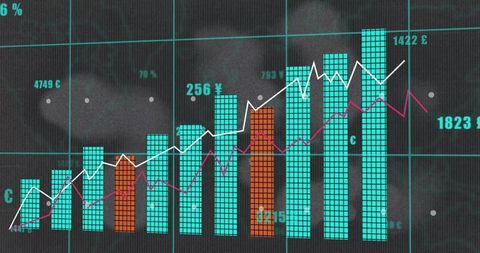 Animating tiled bar chart visualizing currency growth on dark financial dashboard
