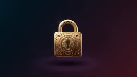 Floating ornate golden padlock rotating over dark gradient backdrop, cinematic security animation