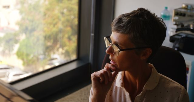 Pensive Businesswoman Looking through Office Window during Daytime - Download Free Stock Images Pikwizard.com