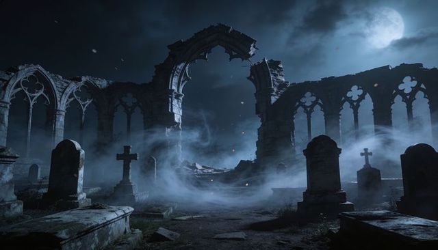 Moonlit gothic ruined abbey with crumbling arches under full moon, foggy cemetery, floating embers