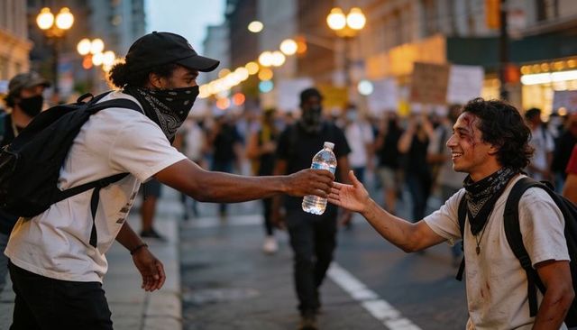Protesters sharing water during evening street demonstration showing solidarity and care