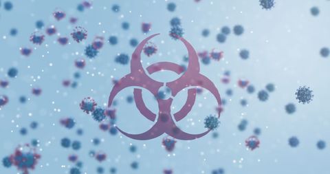 Biohazard symbol with floating viruses and digital interface