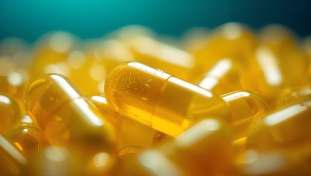 Translucent gel capsules reflecting studio light