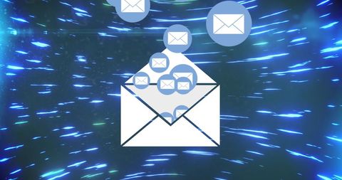 Digital email icons with spinning blue light trails
