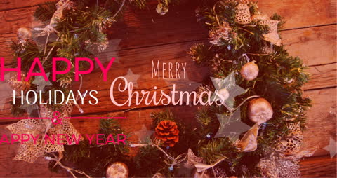 Holiday Greeting Over Festive Christmas Wreath Display