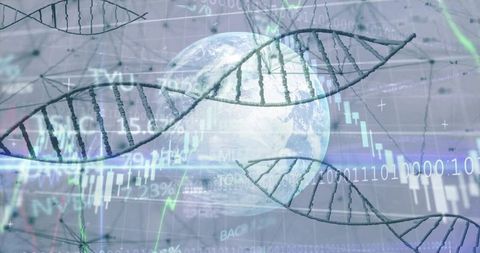 Global genomics data visualization with dna helix, earth and financial analytics overlay