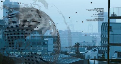 Decorative dotted globe decal on glass window revealing hazy harbor cranes and skyline