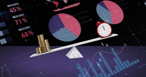 Financial data analysis with scales, coins, and clock