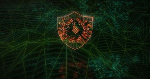 Futuristic Digital Shield with Microchip Circuitry in Neon Wireframe