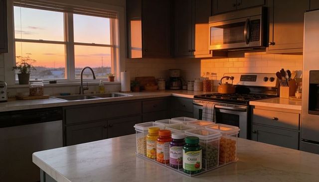 Sunset kitchen featuring organized vitamins on marble island with clear storage boxes