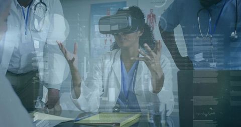 Doctor exploring virtual anatomy with vr headset and hud for clinical collaboration